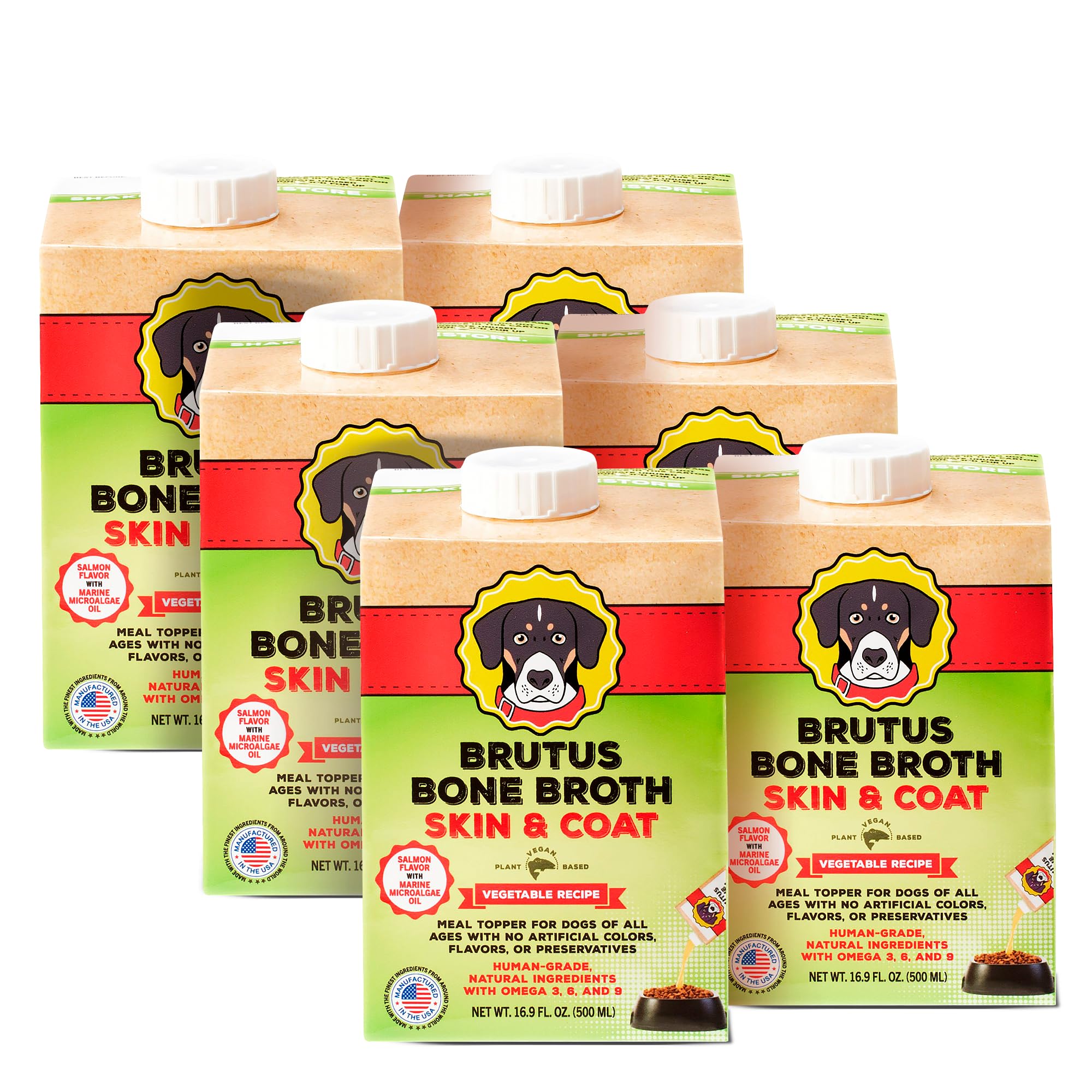 Brutus Vegetable Broth for Dogs Salmon bottle shows an all-natural, hydrating meal topper.