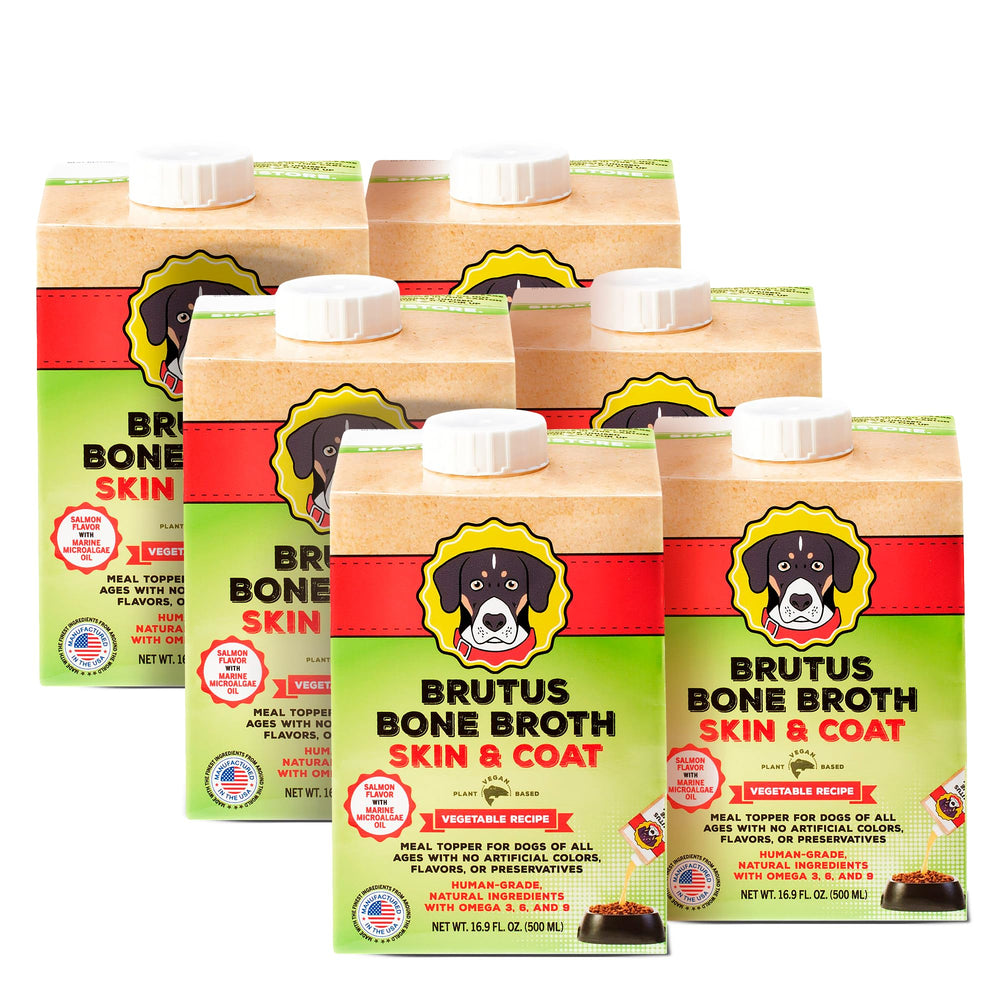 Brutus Vegetable Broth for Dogs Salmon bottle shows an all-natural, hydrating meal topper.