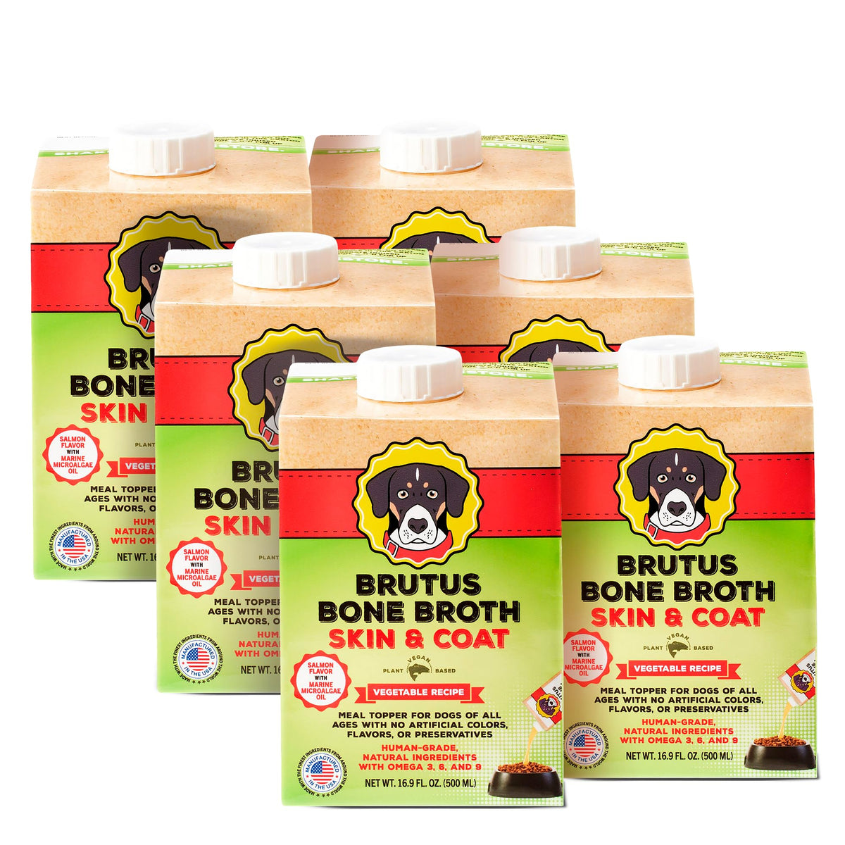 Brutus Vegetable Broth for Dogs Salmon bottle shows an all-natural, hydrating meal topper.