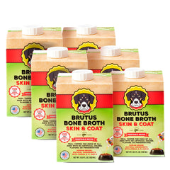 Brutus Vegetable Broth for Dogs Salmon bottle shows an all-natural, hydrating meal topper.