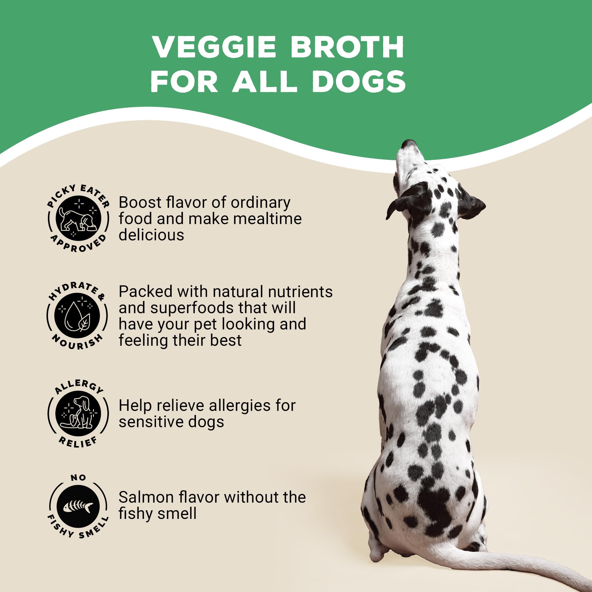 Brutus Vegetable Broth for Dogs Salmon gravy topper emphasizes savory, low-sodium hydration.