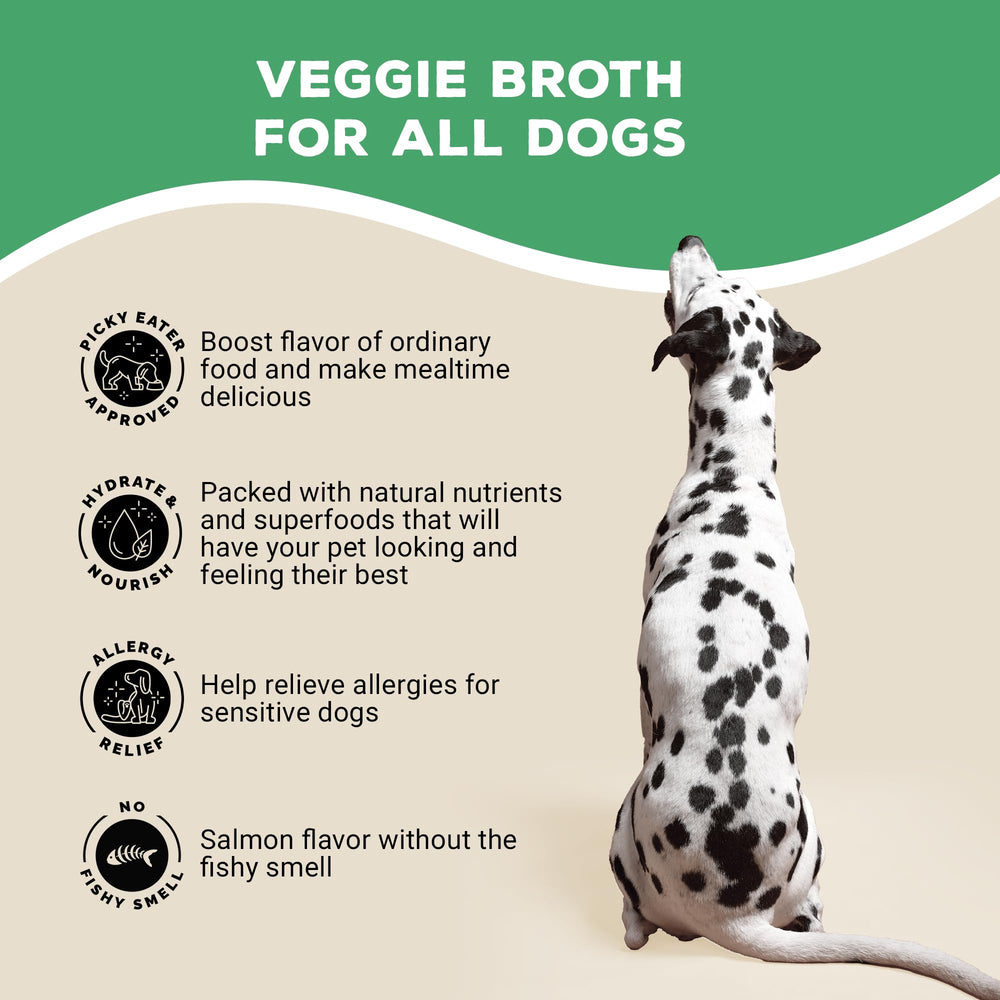 Brutus Vegetable Broth for Dogs Salmon gravy topper emphasizes savory, low-sodium hydration.