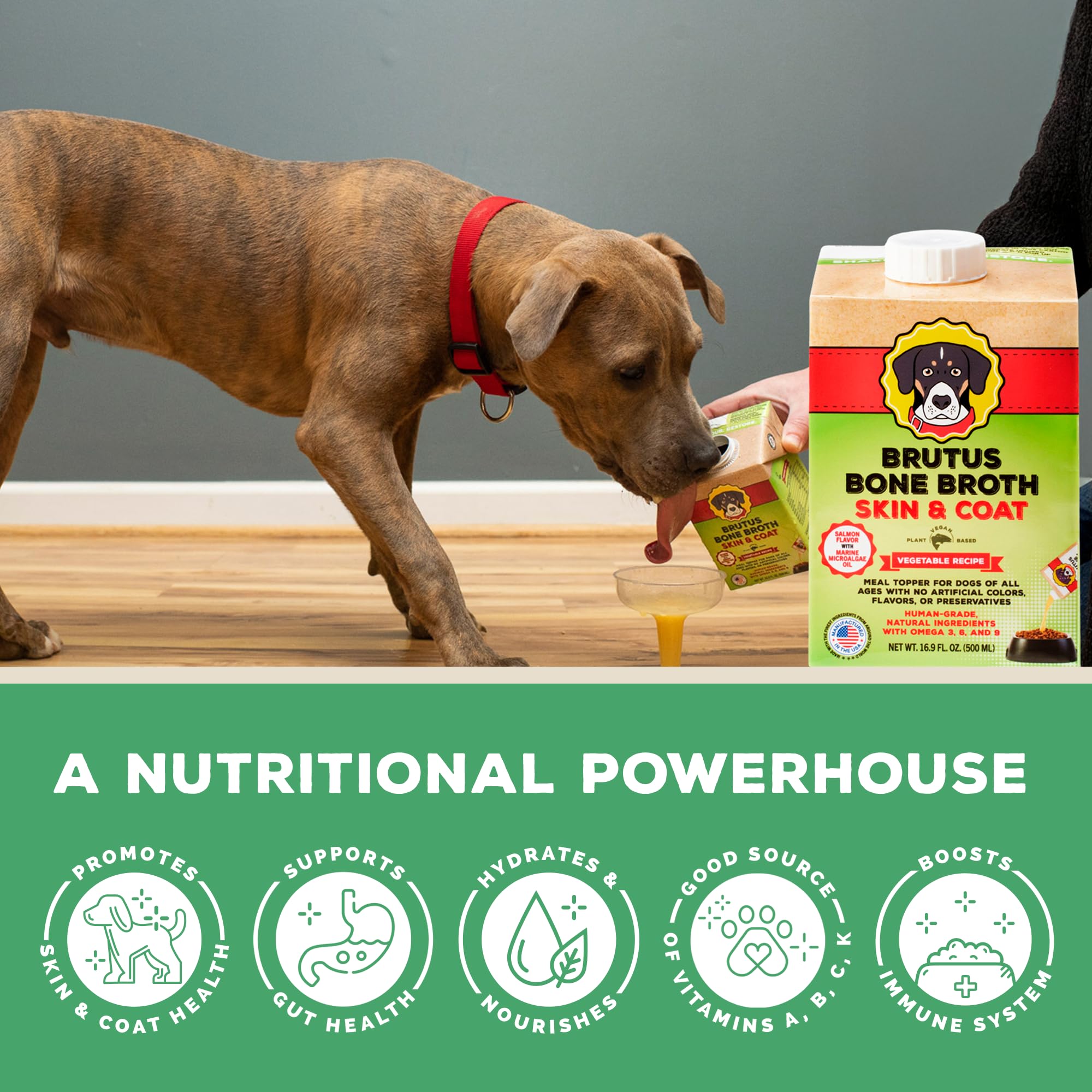 Brutus Vegetable Broth for Dogs Salmon ingredients highlight human-grade, gluten-free components.