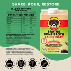 Brutus Vegetable Broth for Dogs Salmon pour demonstrates easy drizzle to boost flavor and hydration.