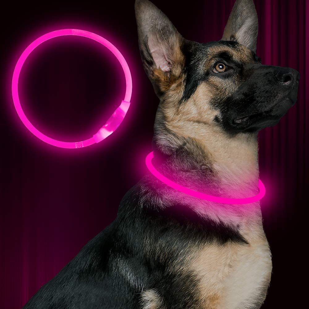 BSEEN collar LED para perros rosado, vista frontal, mejora la visibilidad nocturna