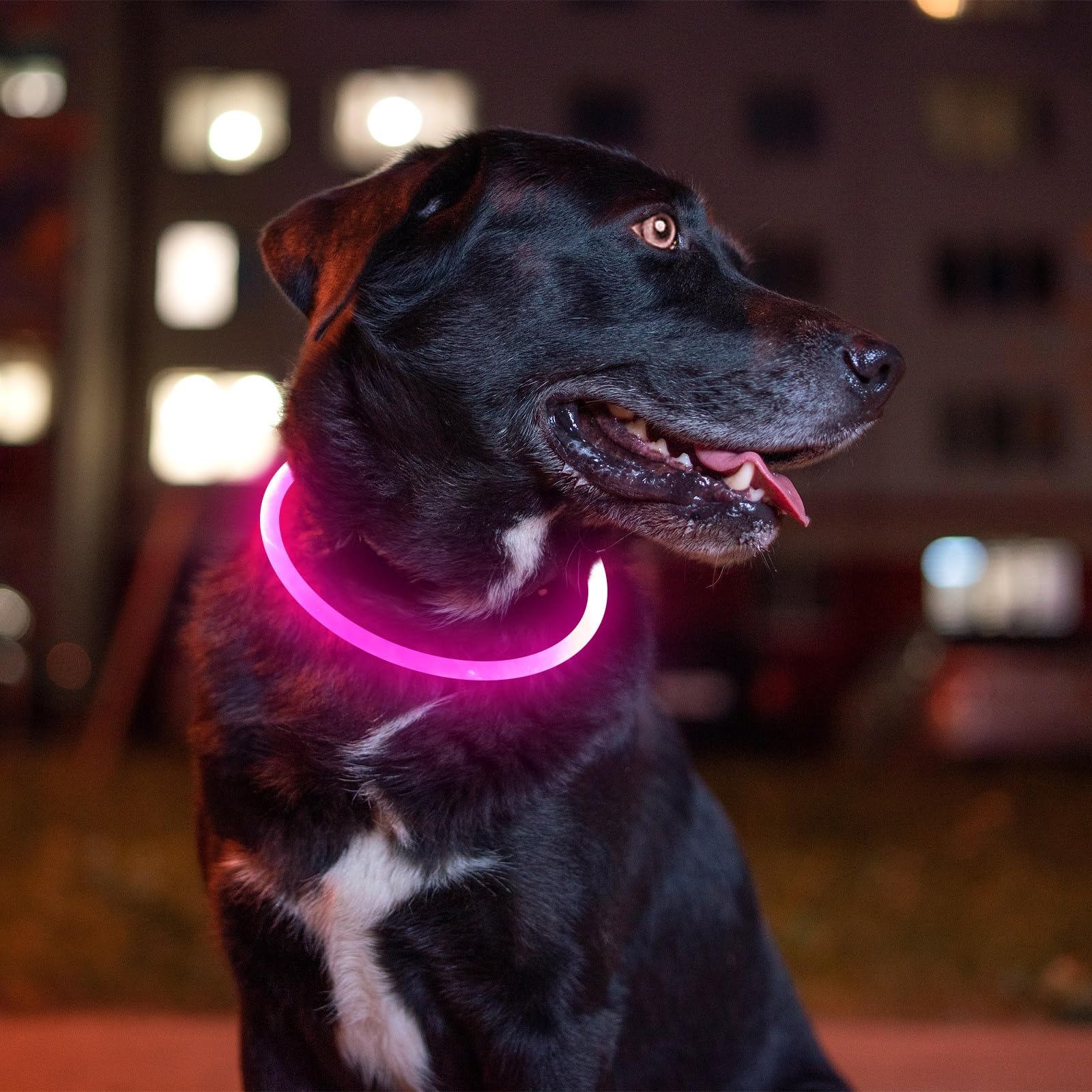 Tres modos de iluminación en collar LED rosado para mayor versatilidad