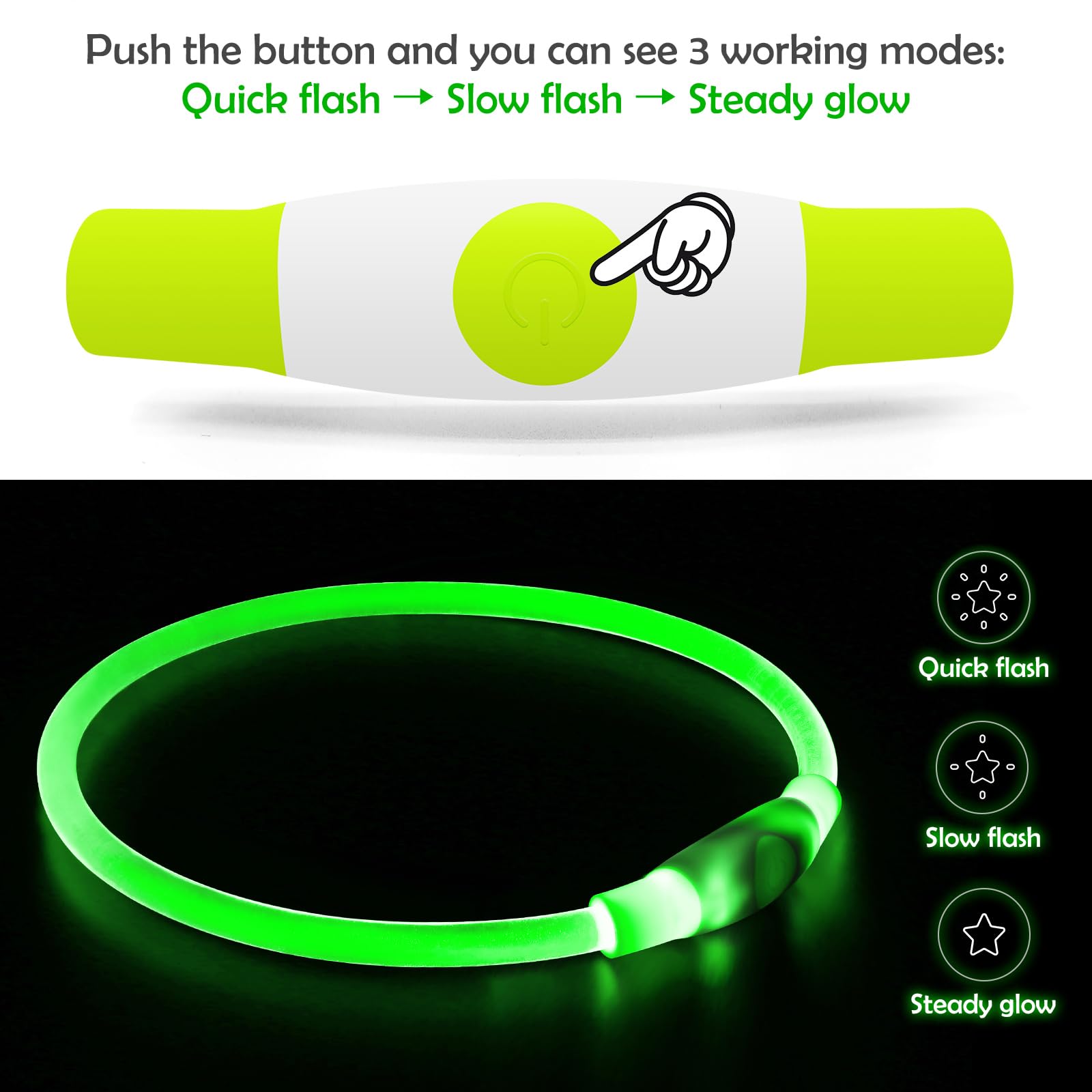 BSEEN LED dog collar green on dog neck demonstrating safety during evening strolls