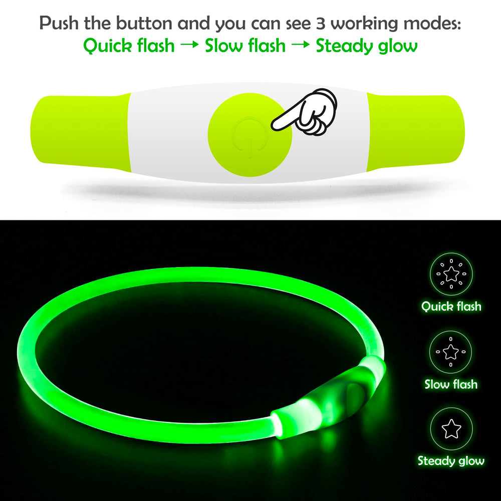 BSEEN LED dog collar green on dog neck demonstrating safety during evening strolls