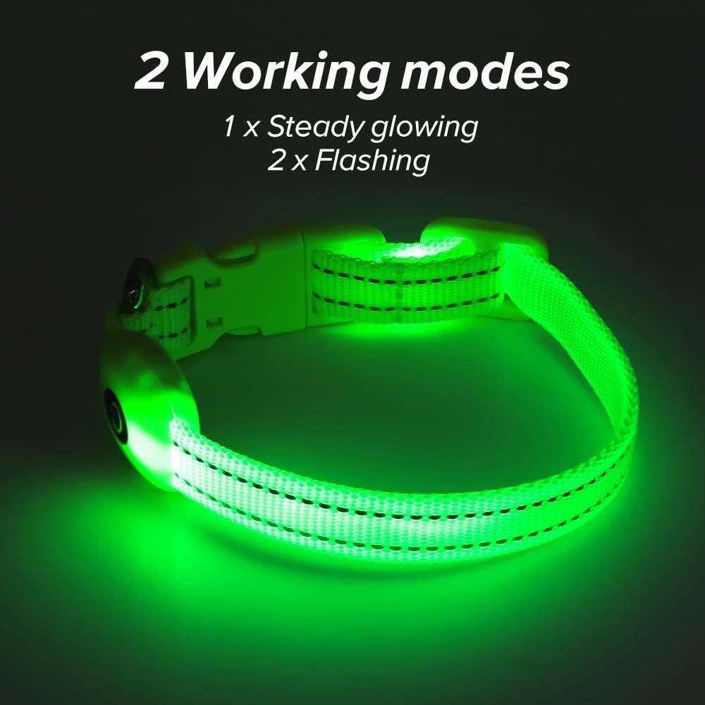 BSEEN Light Up Dog Collar green reflective stitching improves visibility.