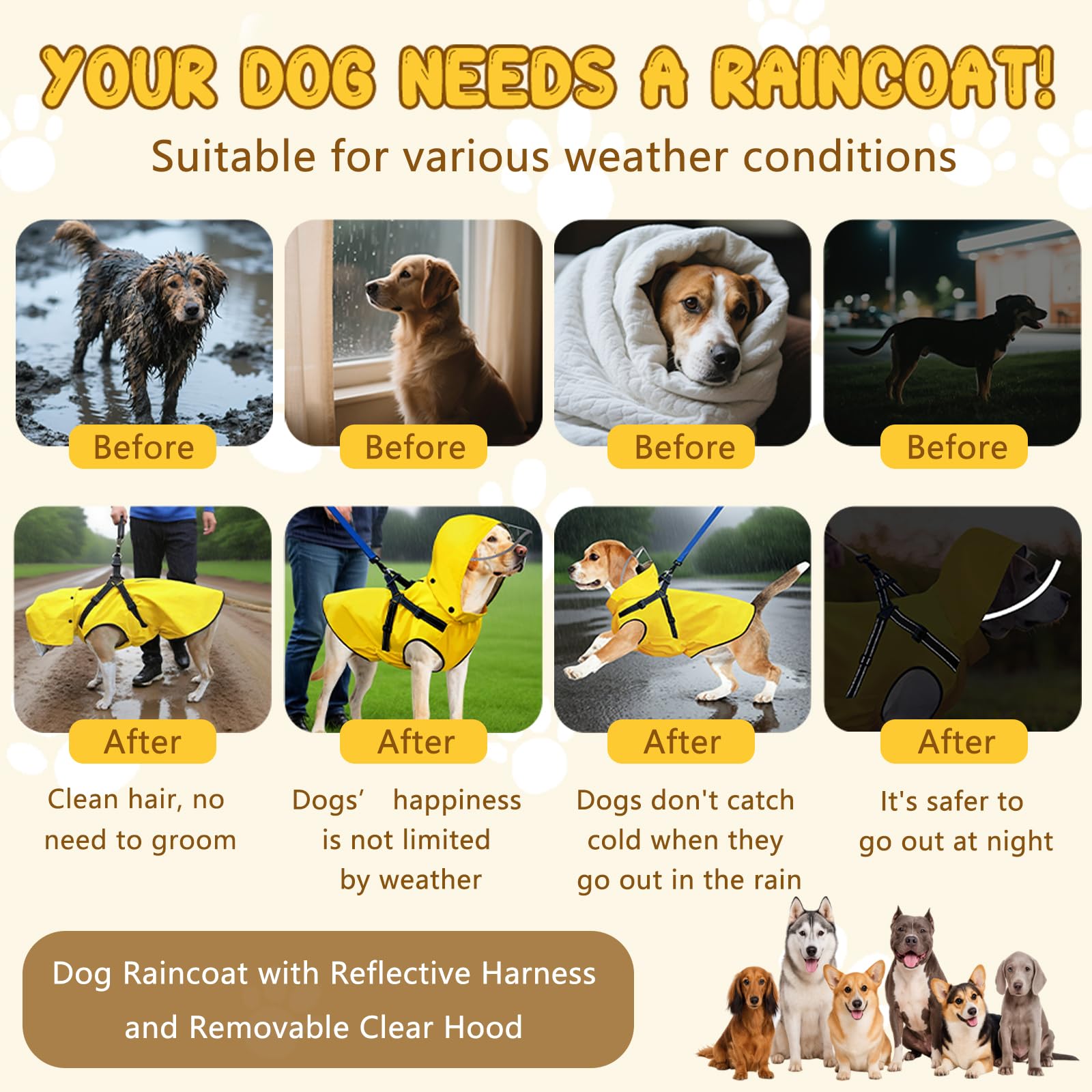 Bsemax dog raincoat reflective brim visible at night for safer outdoor trips