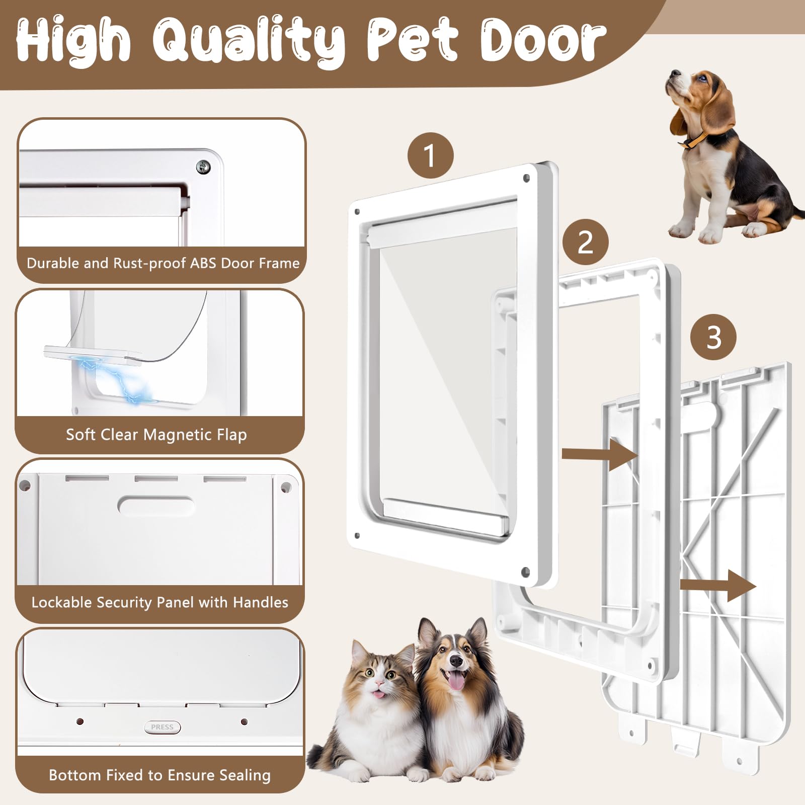 Bsemax Never Rust dog door auto-return flap showing energy-efficient design.