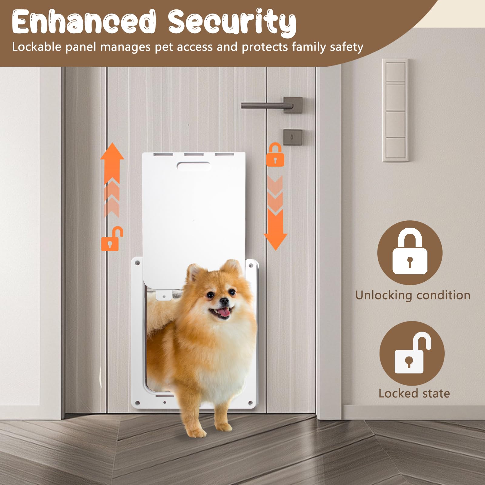 Bsemax Never Rust 40lb pet use image showing a medium dog using the flap.