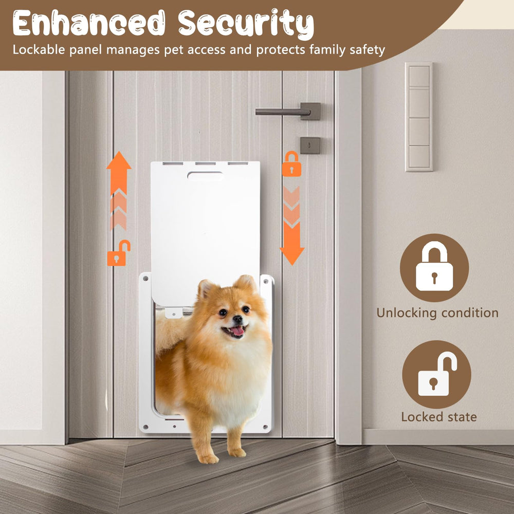 Bsemax Never Rust 40lb pet use image showing a medium dog using the flap.