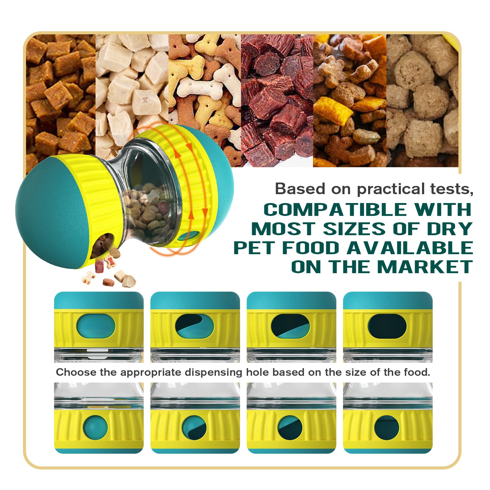 BSISUERM dog puzzle ball green top view highlights adjustable treat openings.