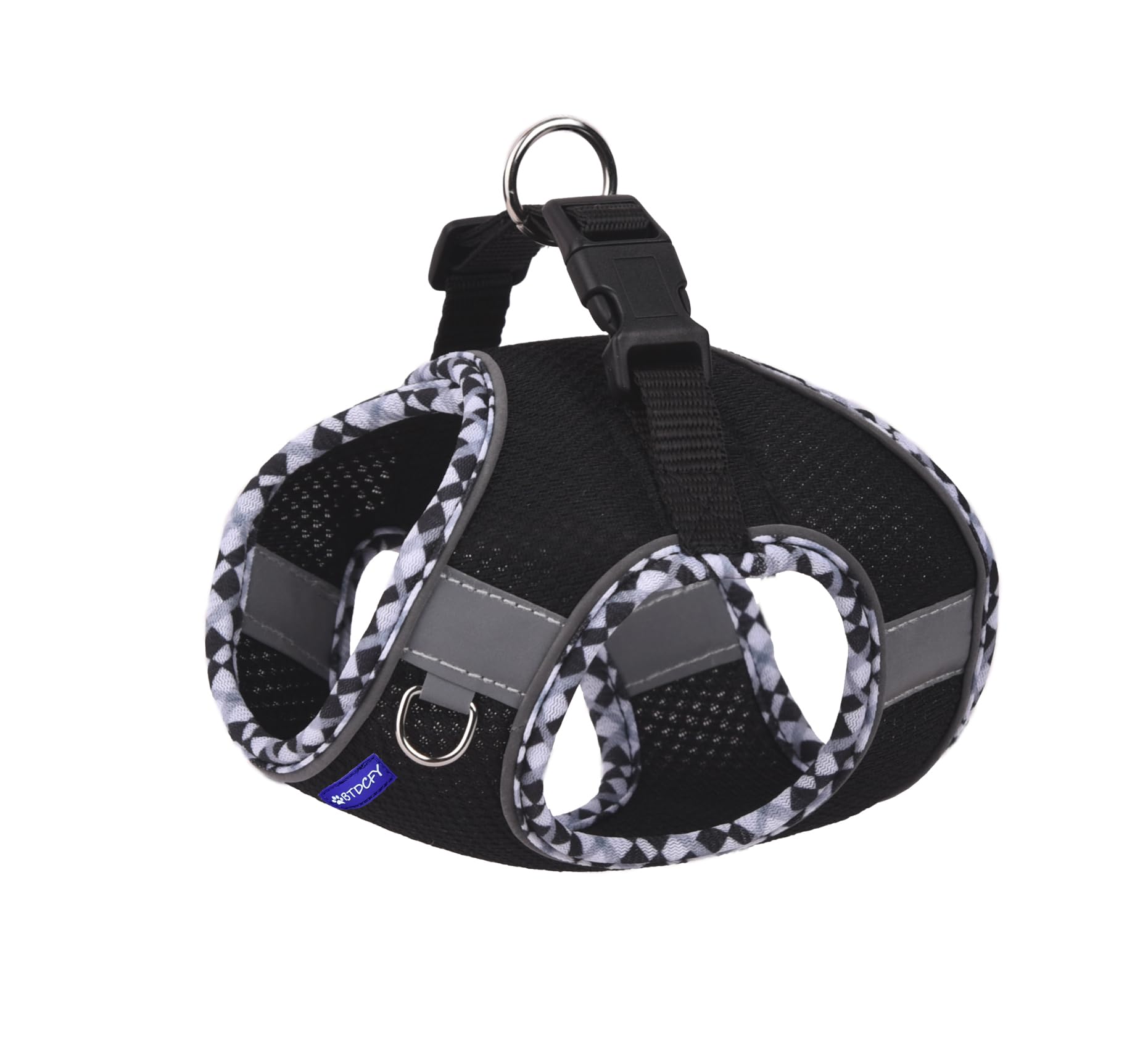 BTDCFY Harness shows 360° reflective strips for safer night-time visibility.