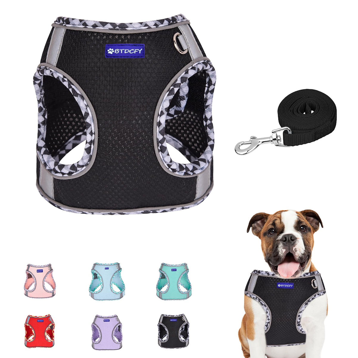 BTDCFY Step-in Mesh Harness with breathable air mesh for comfortable daily walks.