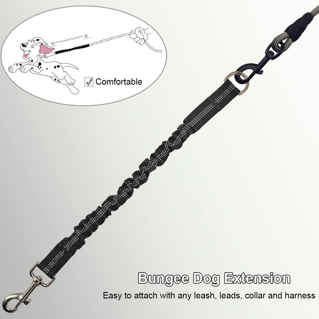 BTINESFUL Bungee Leash Extension reflective stitching enhances nighttime safety.