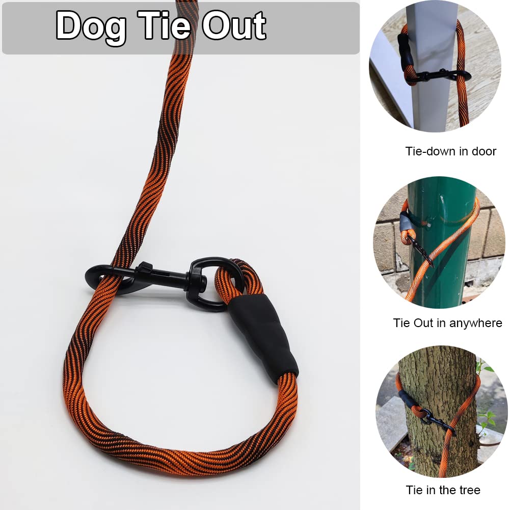 BTINESFUL dog tie-out rope 12ft orange-black improves visibility during outdoor tethering.