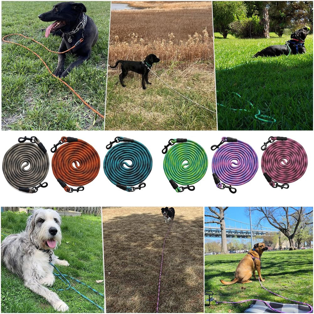 BTINESFUL dog tie-out rope blueblack 50ft rust-proof clips for durability.
