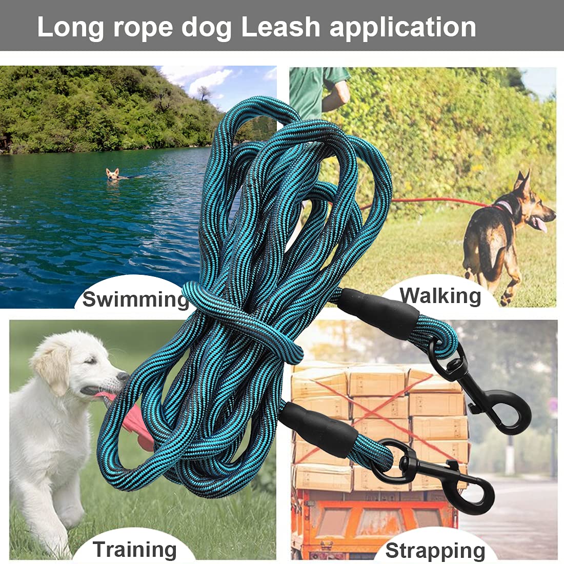 BTINESFUL dog tie-out rope blueblack 75ft extended reach for large yard setups.
