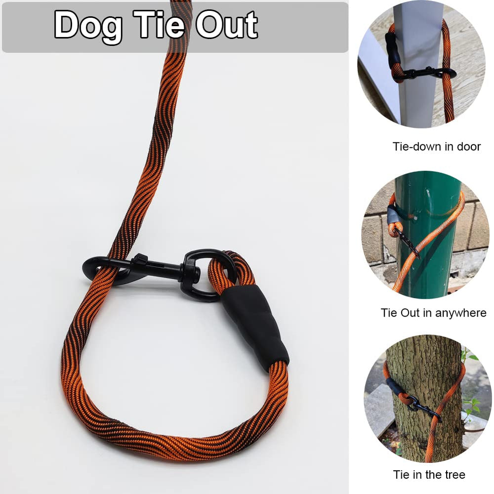 BTINESFUL tie-out rope shows dog on leash with tangle-free nylon construction