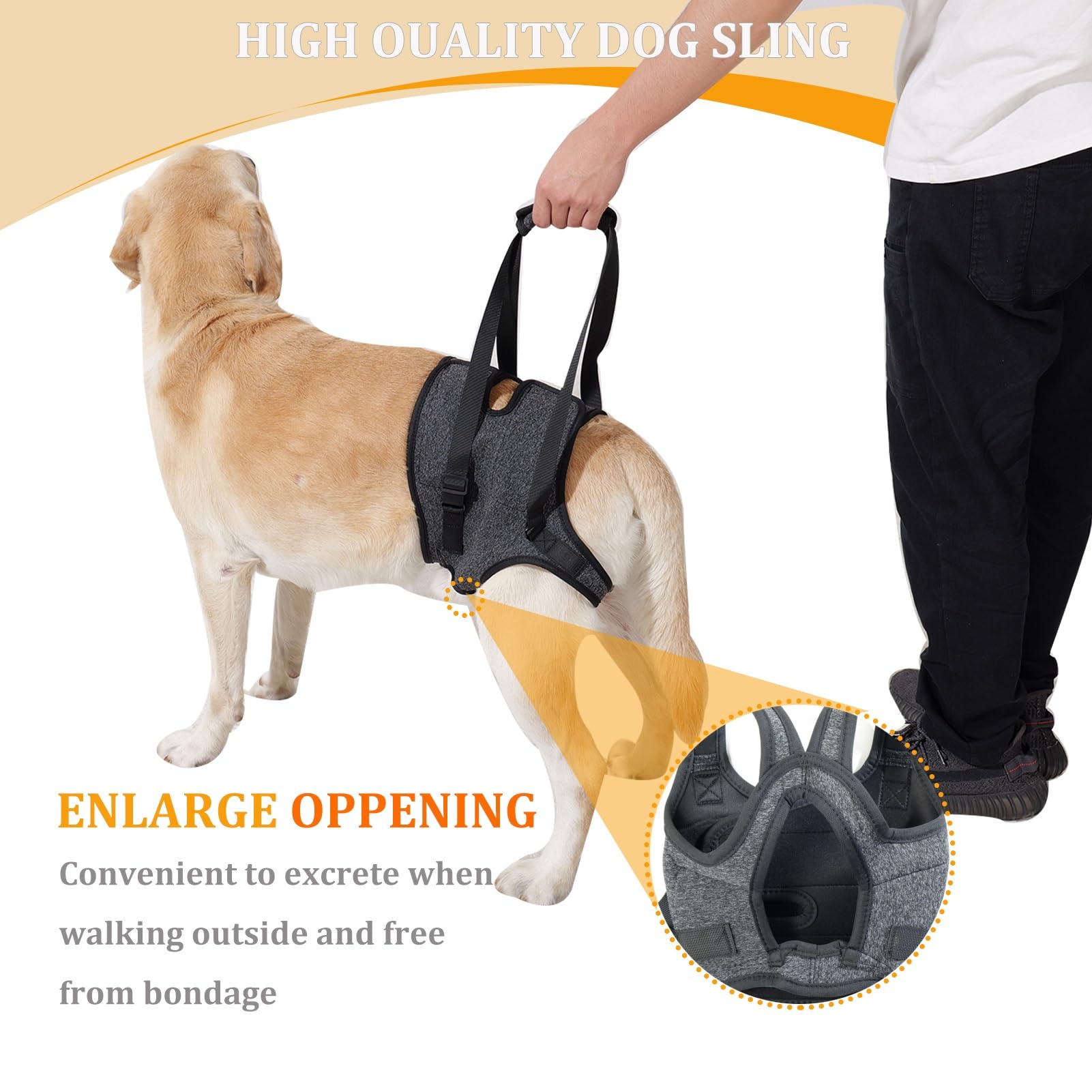 BUALR easy-on-off-dog-sling with double-hook simplifies fitting and removal.