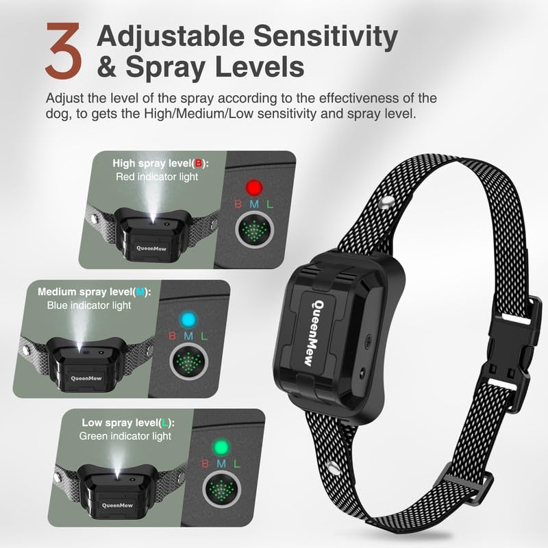 Bubbacare citronella collar adjustable-sensitivity view showing three spray levels for different dogs.