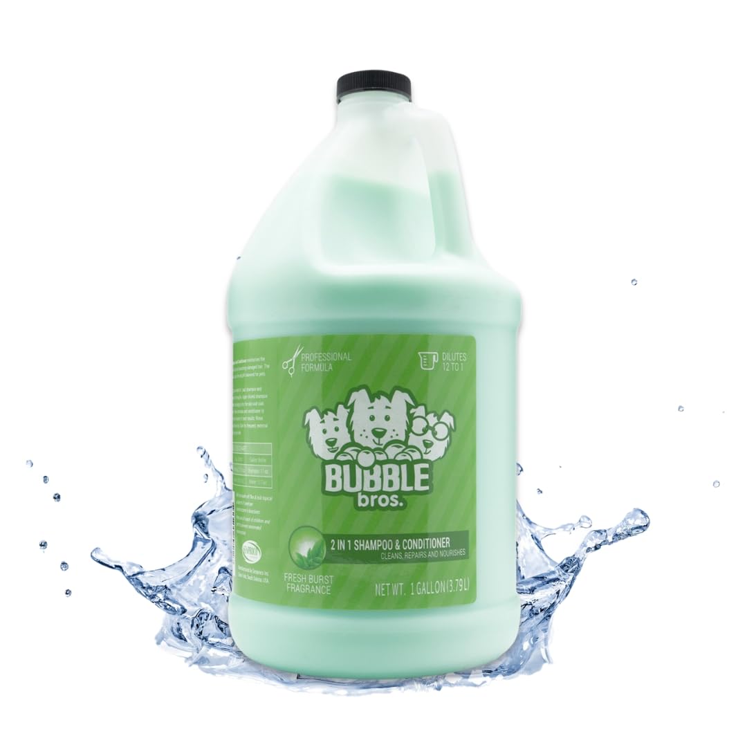 Bubble Bros 2-in-1 dog shampoo bottle illustrates gentle cleansing for sensitive skin.