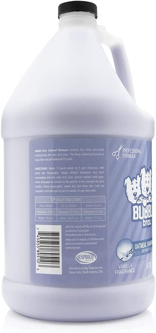 Bubble Bros Oatmeal Dog Shampoo being poured for a clean, refreshed coat