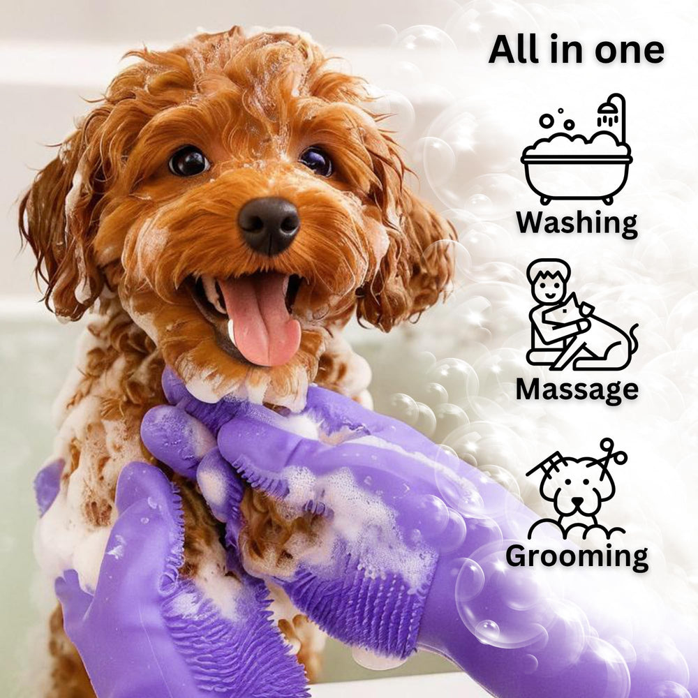 Bubble Hands dog gloves in use during bath for grooming and coat cleansing