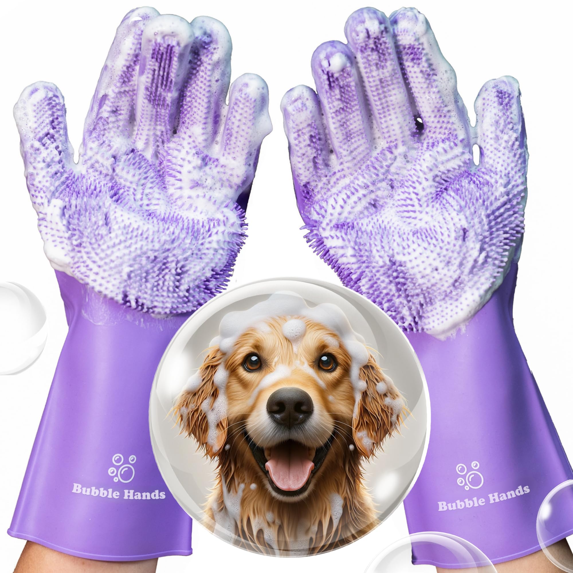 Bubble Hands dog shampoo gloves close-up bristles for gentle massaging and lathering