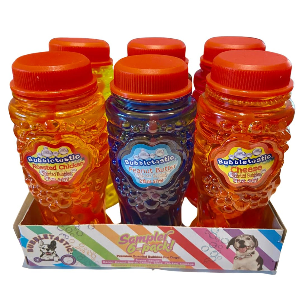 Bubbletastic dog bubble sampler dog-chasing-action shows safe, non-toxic play sessions