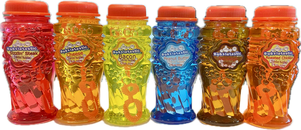 Bubbletastic dog bubble sampler sausage-cheese scent label up close highlighting variety