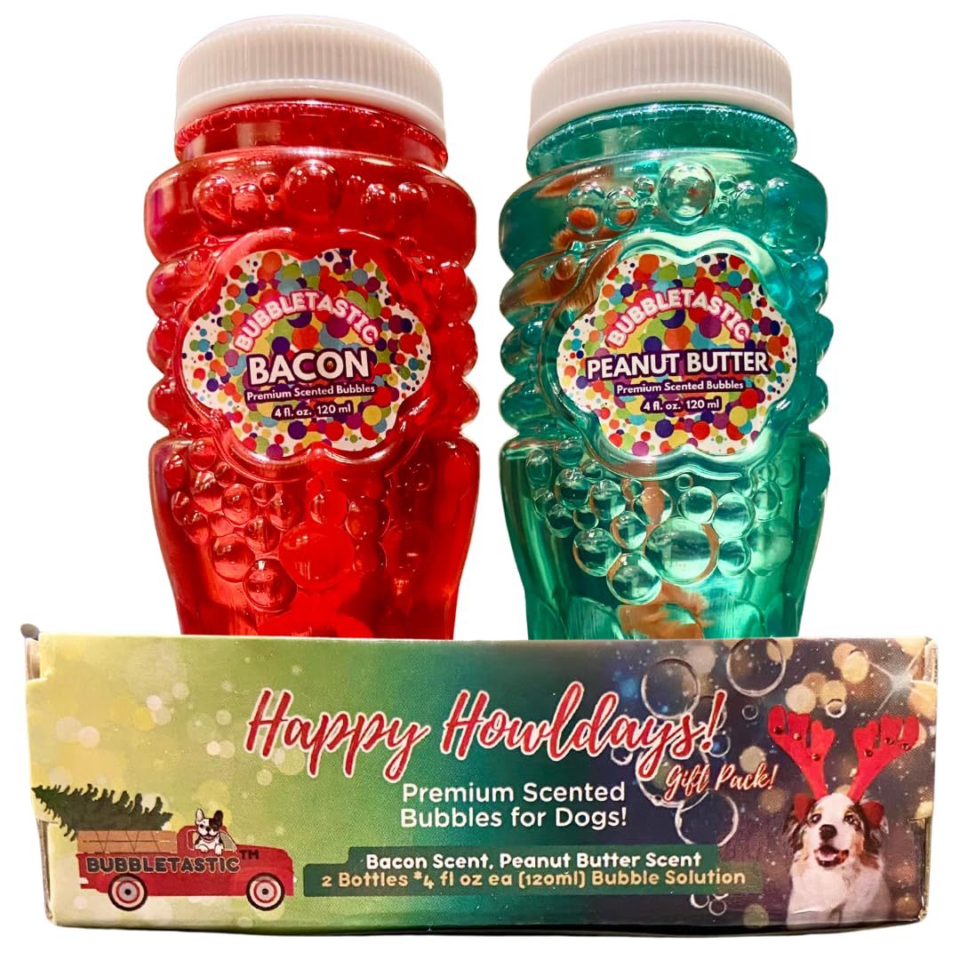 Bubbletastic peanut-butter-bubbles pack interaction captures dogs enjoying safe, engaging playtime.