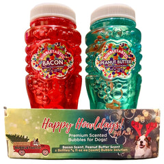 Bubbletastic peanut-butter-bubbles pack interaction captures dogs enjoying safe, engaging playtime.