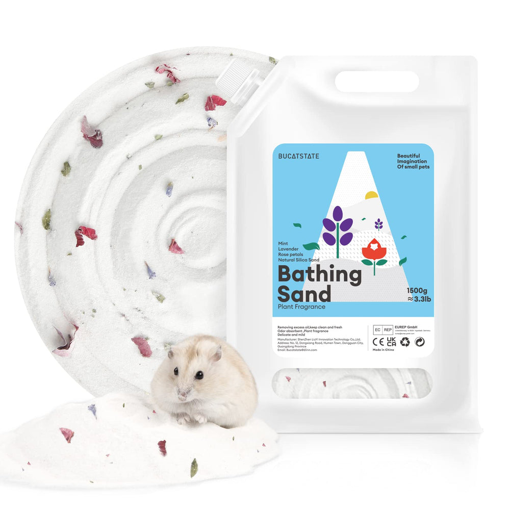 BUCATSTATE dust-free hamster bath sand in resealable bag for mess-free refills.