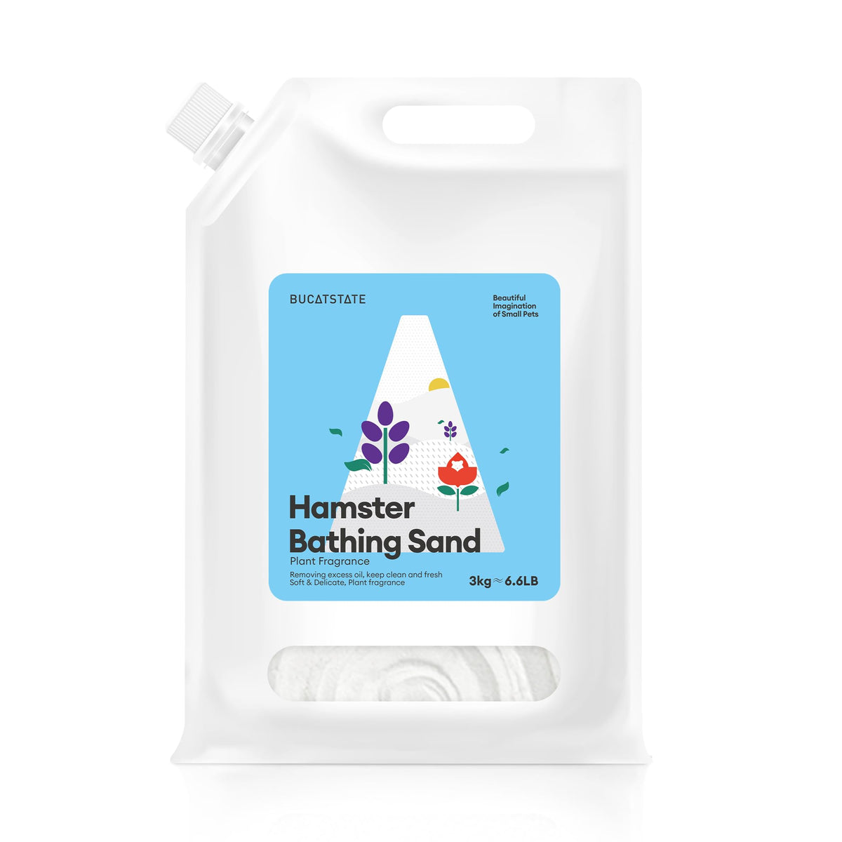 BUCATSTATE hamster bath sand packaging with resealable bag for mess-free refills.