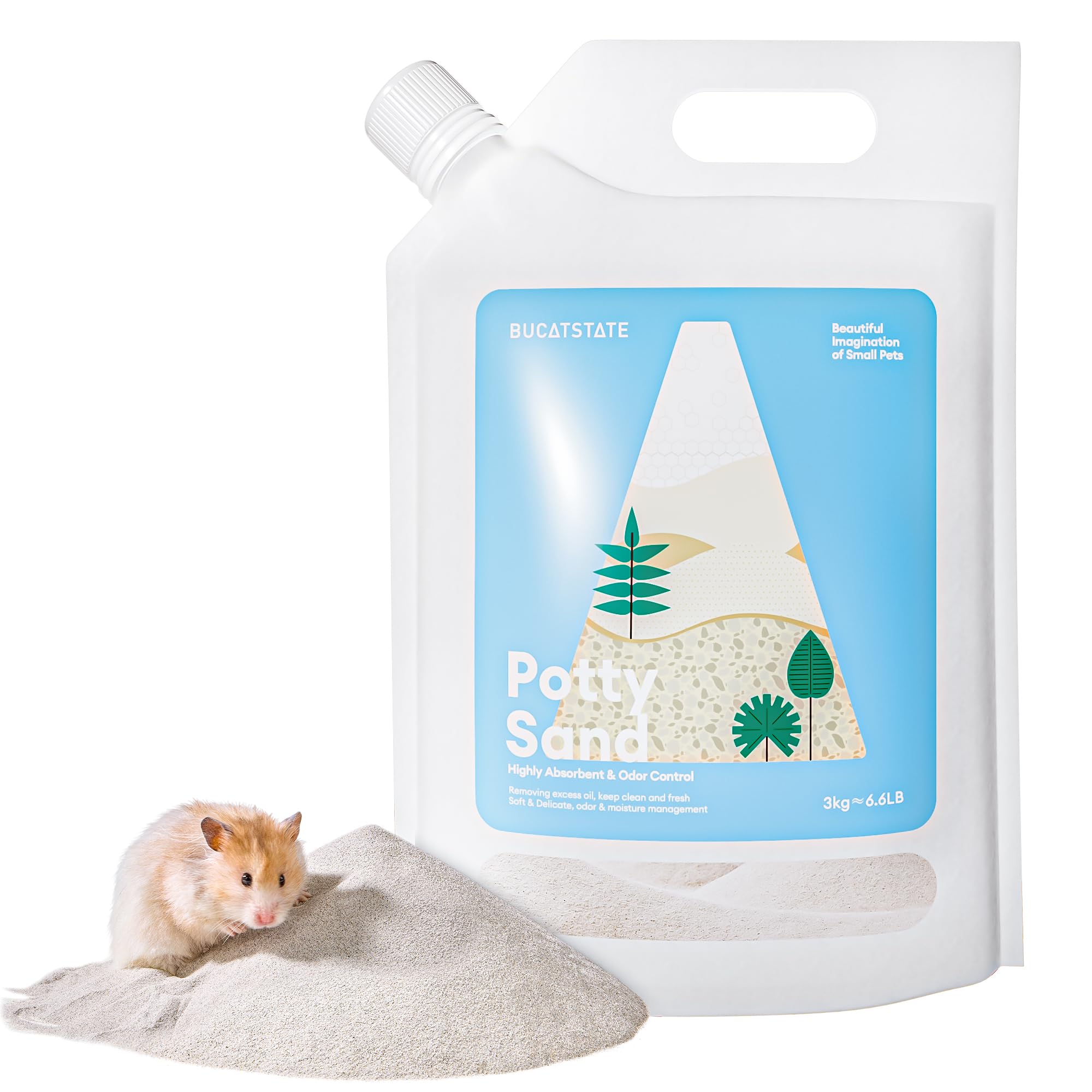 BUCATSTATE Hamster Sand 6.6lb bag pouring for mess-free baths and refills.