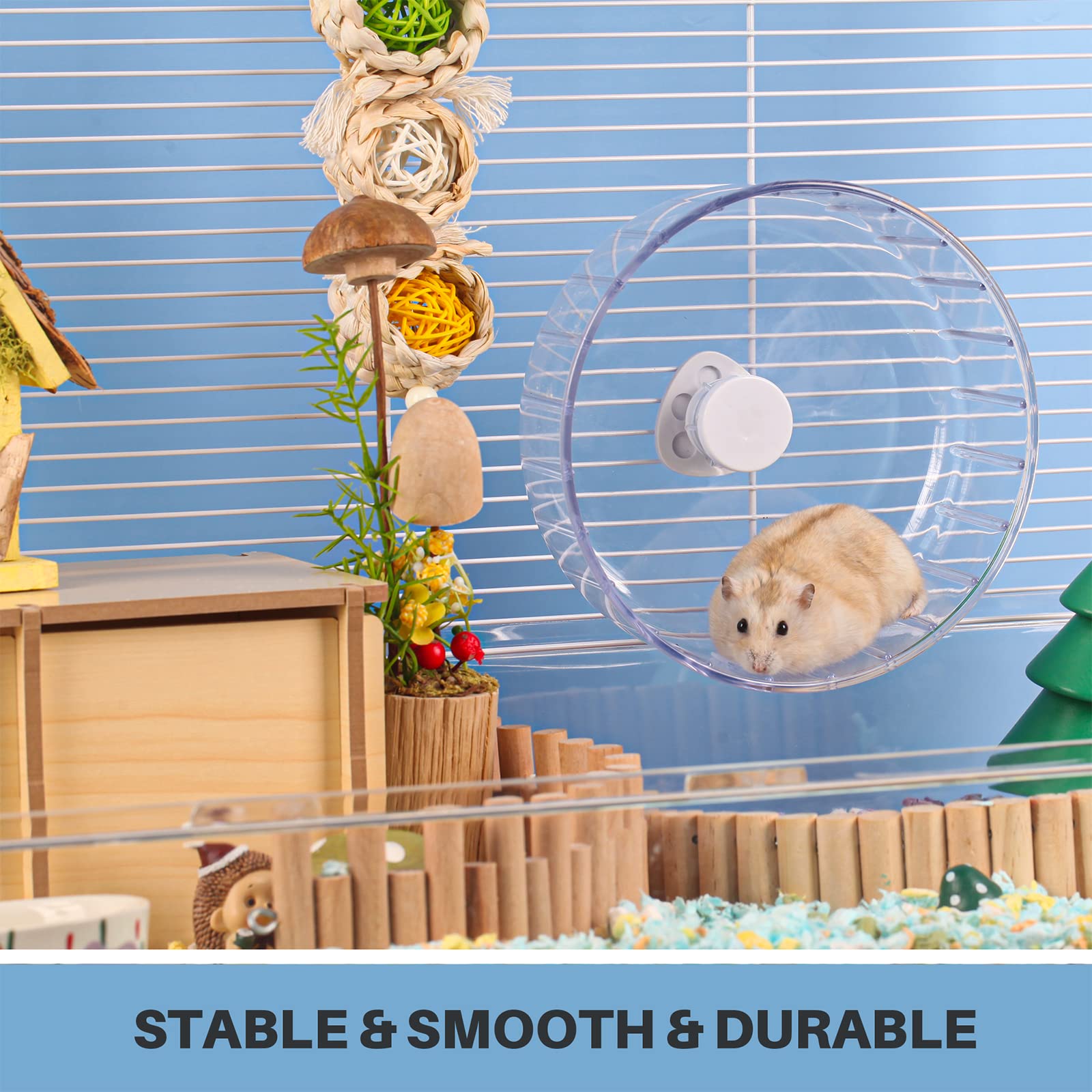 BUCATSTATE hamster wheel transparent design blends with cage aesthetics.