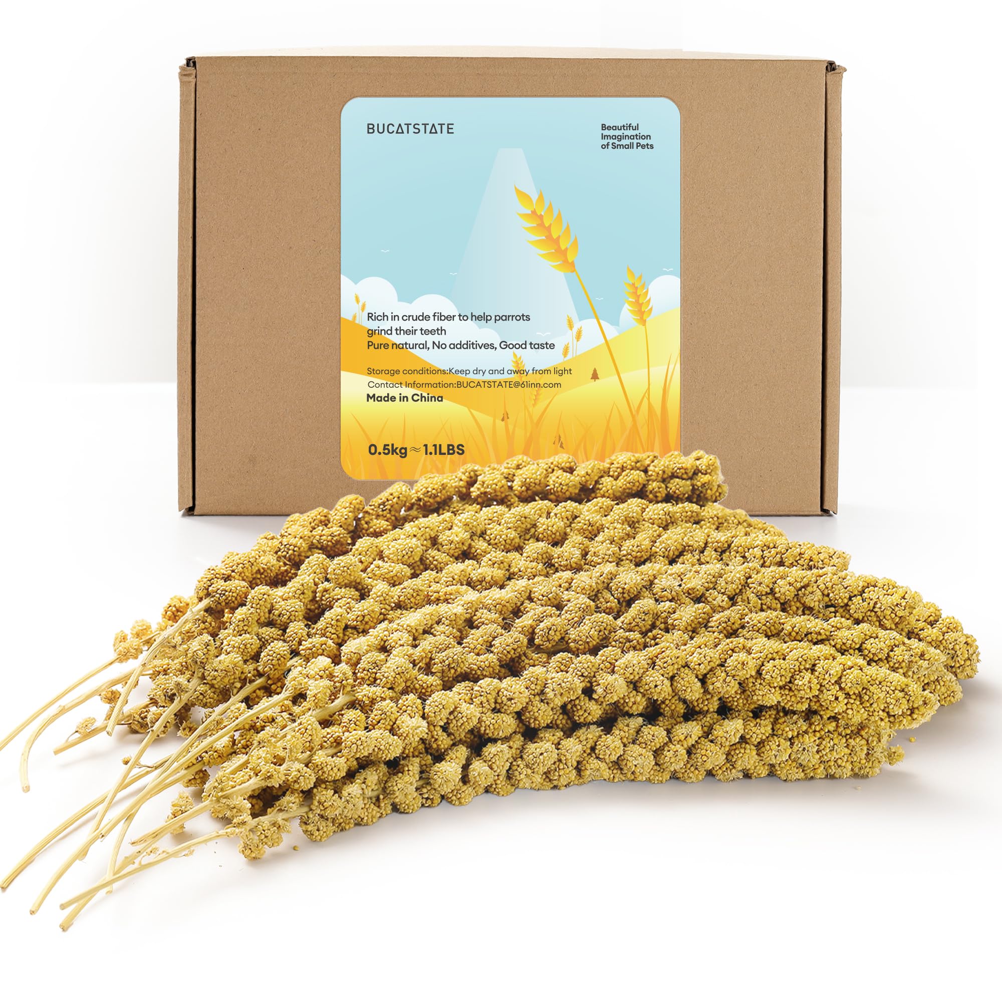 BUCATSTATE spray millet bag shows natural packaging for storage.