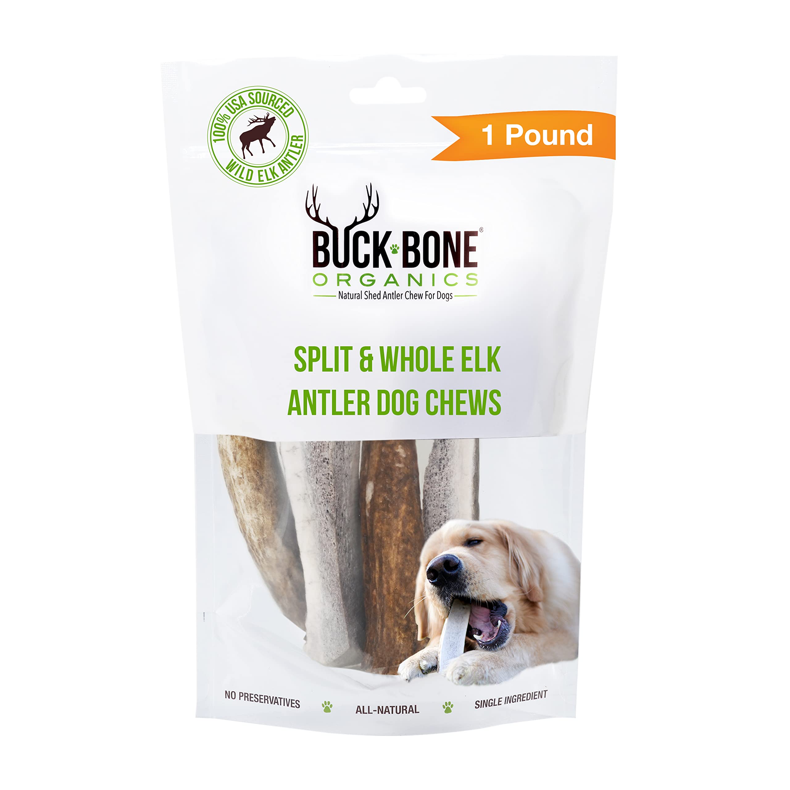 Buck Bone Organics elk antlers dog chews in bag for long-lasting chewing