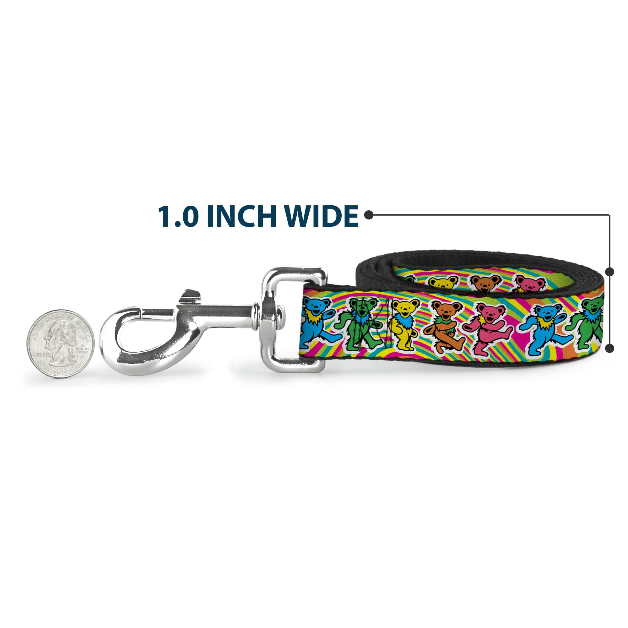Buckled-Down vibrant-print leash keeps characters visible during sunny or rainy strolls.