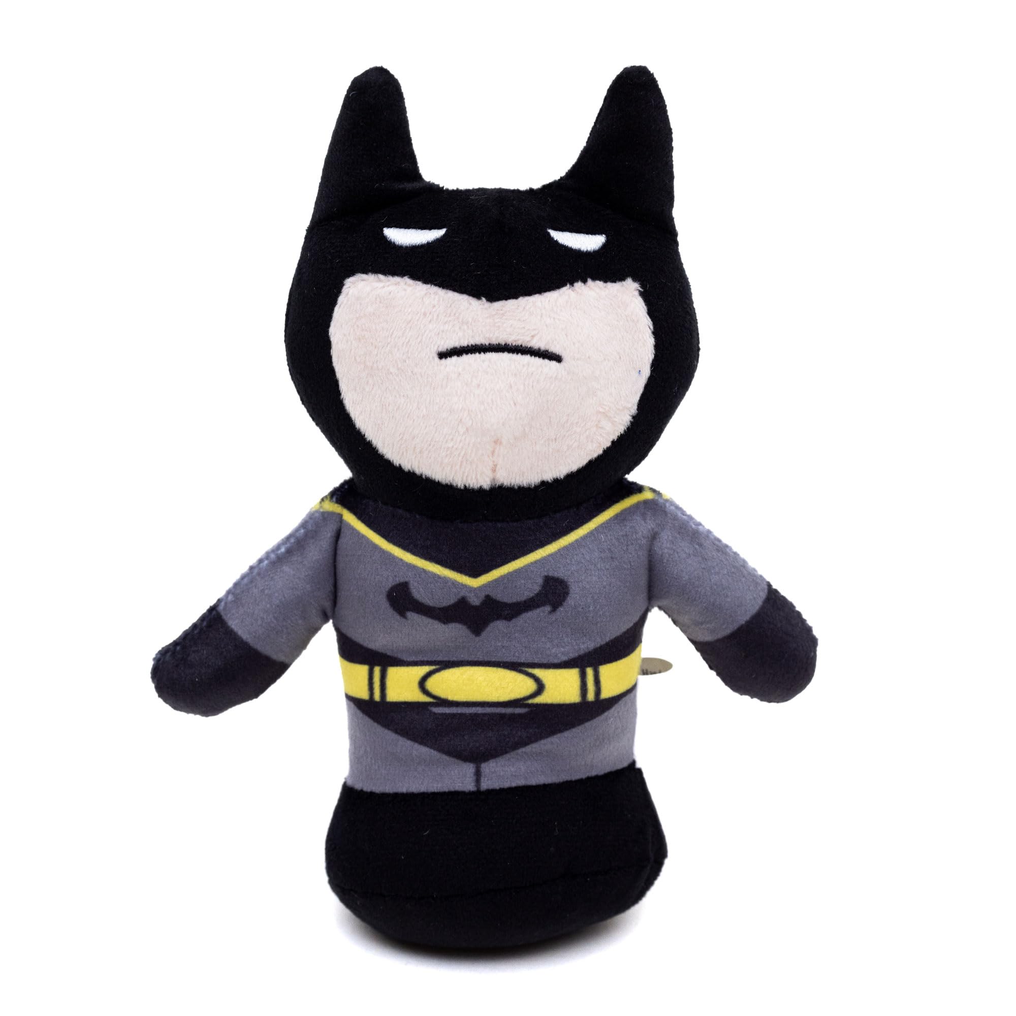 Buckle-Down Batman pose plush dog toy offers durable squeak for interactive play.