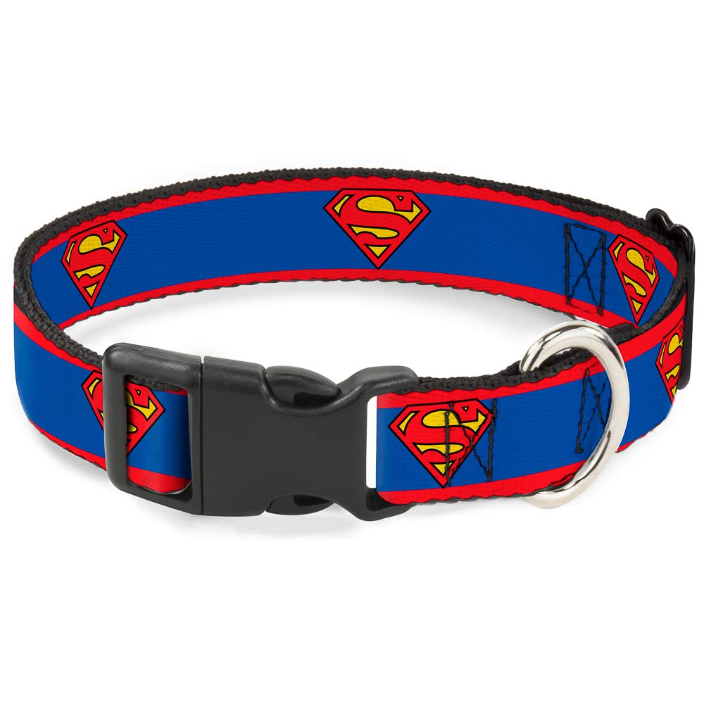 Buckle-Down dog collar with plastic buckle and Superman shield in red and blue, durable everyday wear.