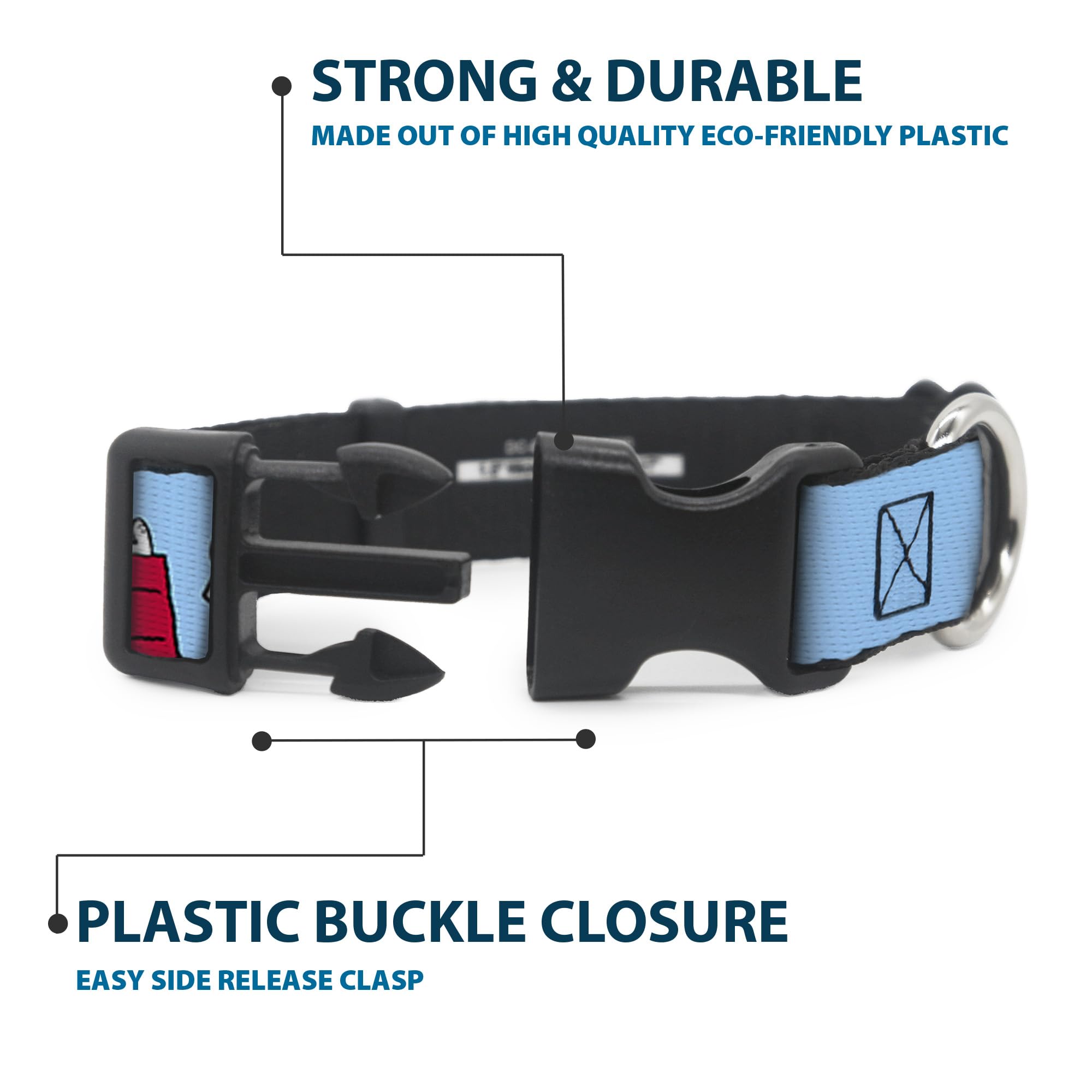 Buckle-Down Peanuts dog collar full length on a dog, vibrant sky blue.