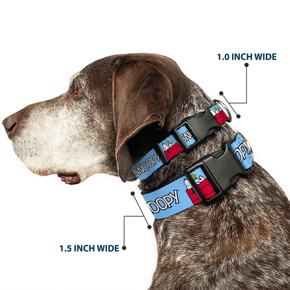 Buckle-Down Peanuts collar closeup shows tough plastic buckle for durability.