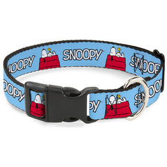 Buckle-Down Peanuts dog collar on a dog in sky blue for daily style.
