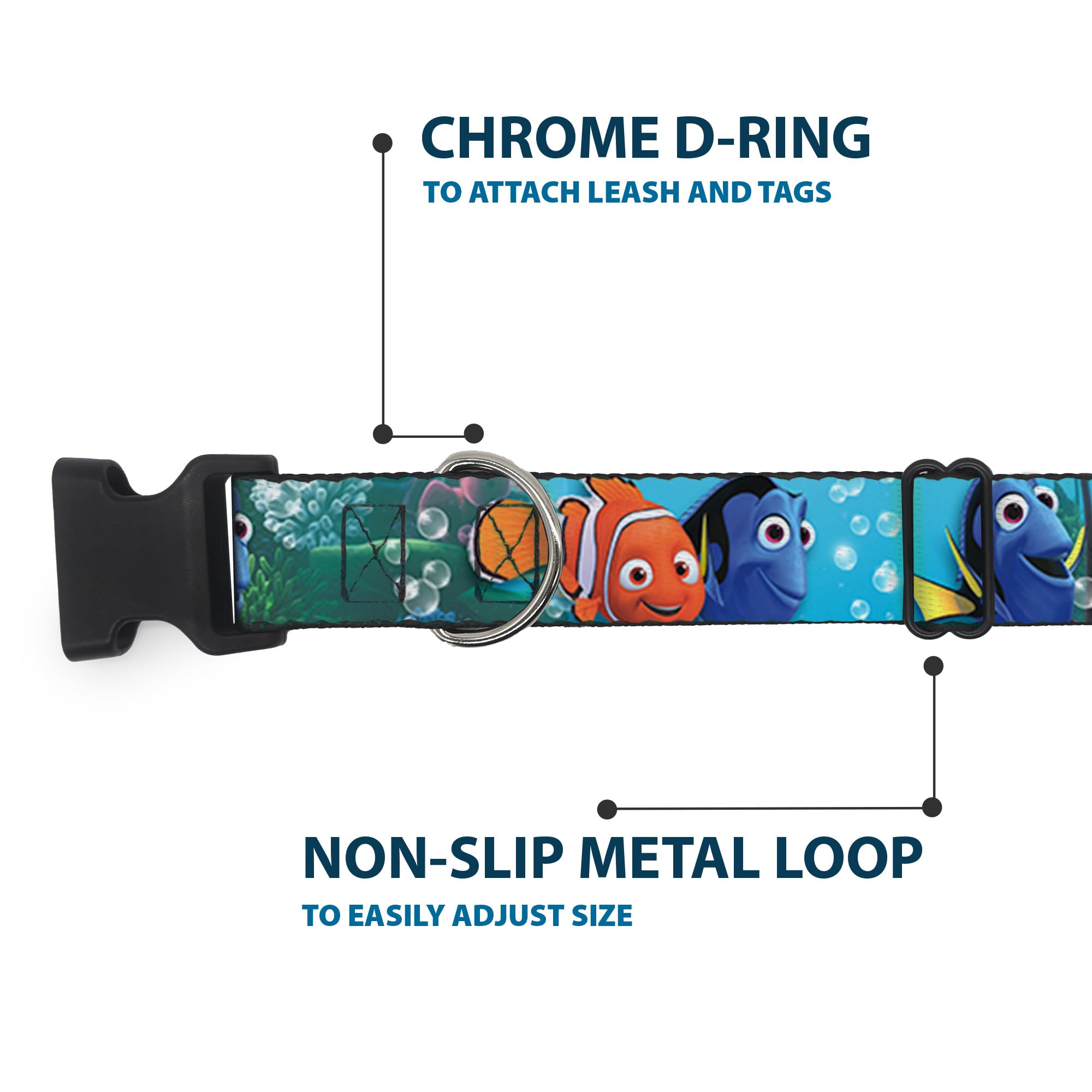 Nemo & Dory print on Buckle-Down collar adds licensed authenticity.