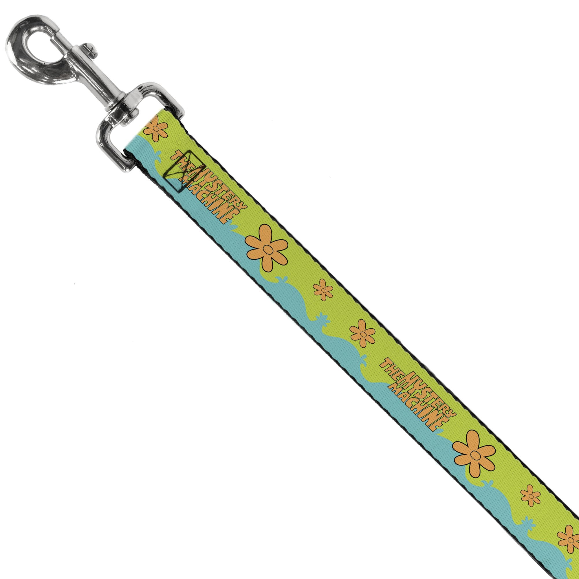 Buckled-Down Scooby-Doo leash 4ft length in park-angle view.