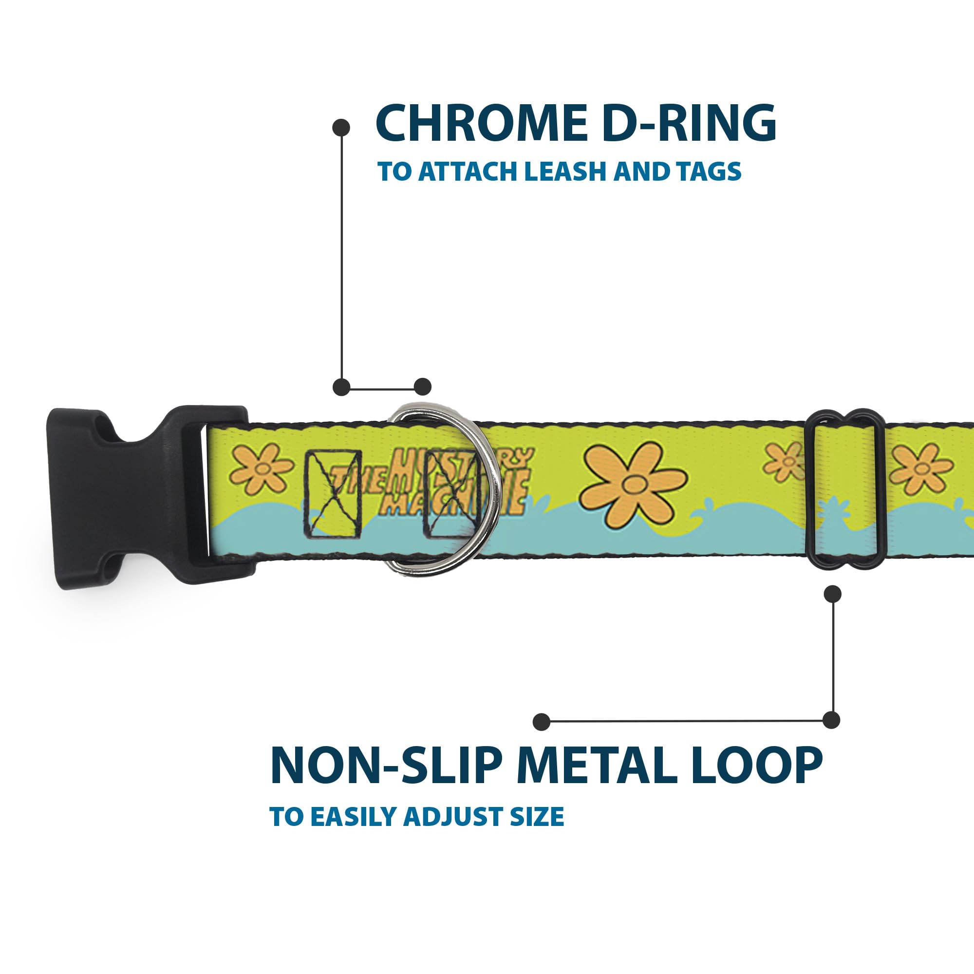 Buckle-Down Scooby Doo collar 1 inch wide polyester band ready for daily wear.